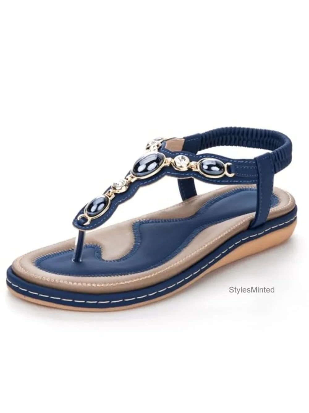 Rhinestone T-Strap Flat Sandals for Women Cushioned Memory Foam Dressy Summer